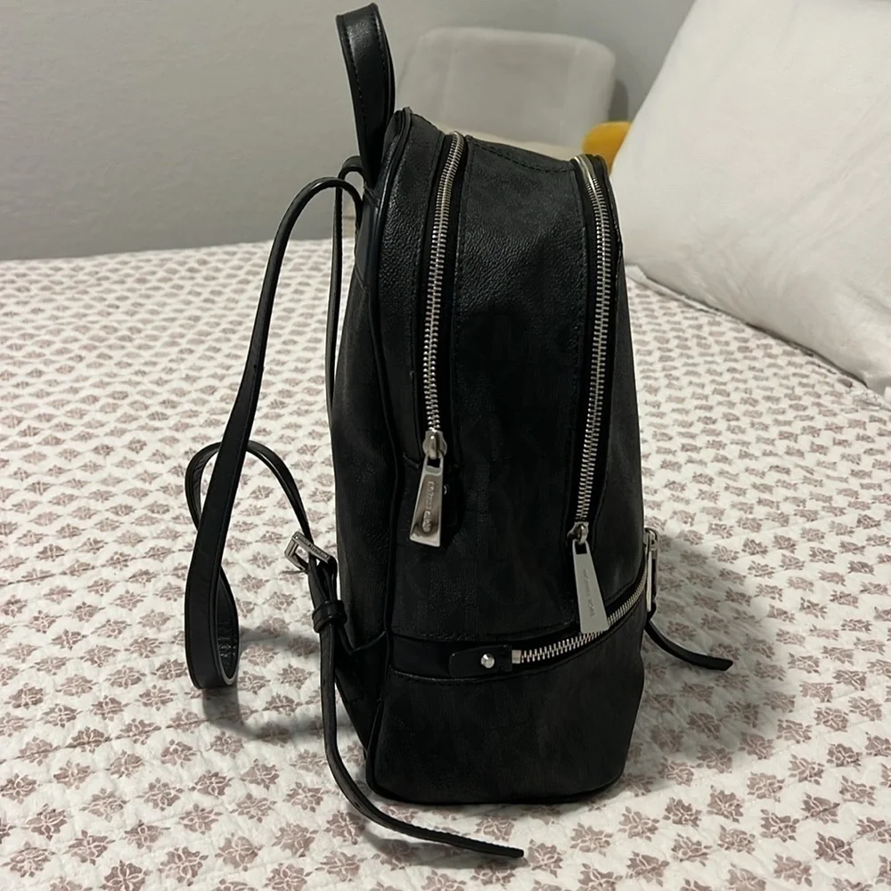 Michael Kors Rhea Medium Signature Backpack Handbag Black with Silver Hardware